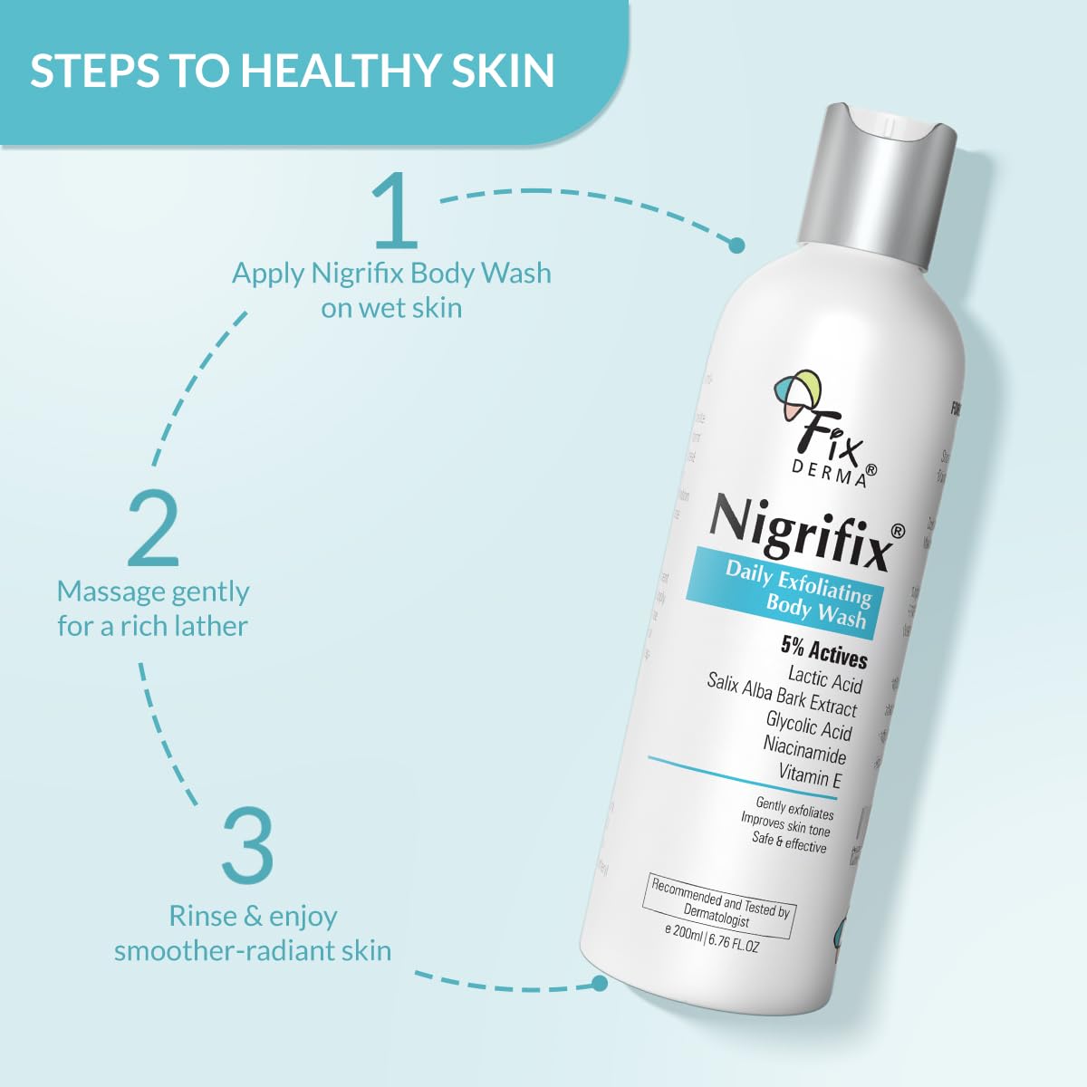 Fixderma Nigrifix Exfoliating Body Wash with 5% Actives (Lactic Acid, Glycolic Acid, Niacinamide Acid & Vitamin E) | Gentle Exfoliating Shower Gel | Improves Skin Tone | Body Wash Shower Gel for Women & Men -200ml