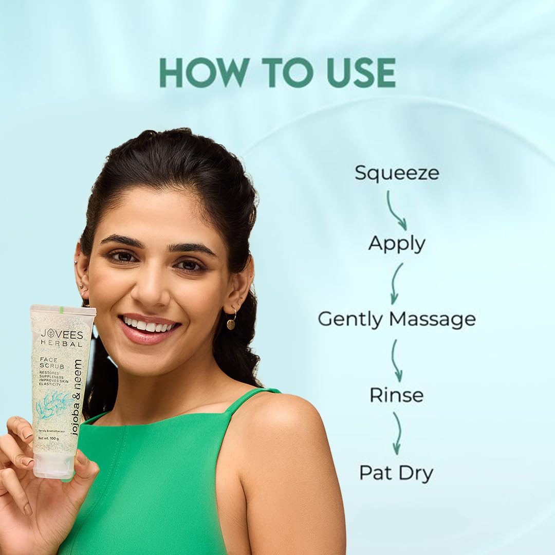 Jovees Herbal Jojoba & Neem Face Scrub | With Neem & Wheatgerm Extract | For Oily to Sensitive Skin | Gently Removes Dead Skin | Reduces Signs Of Premature Ageing 100 G
