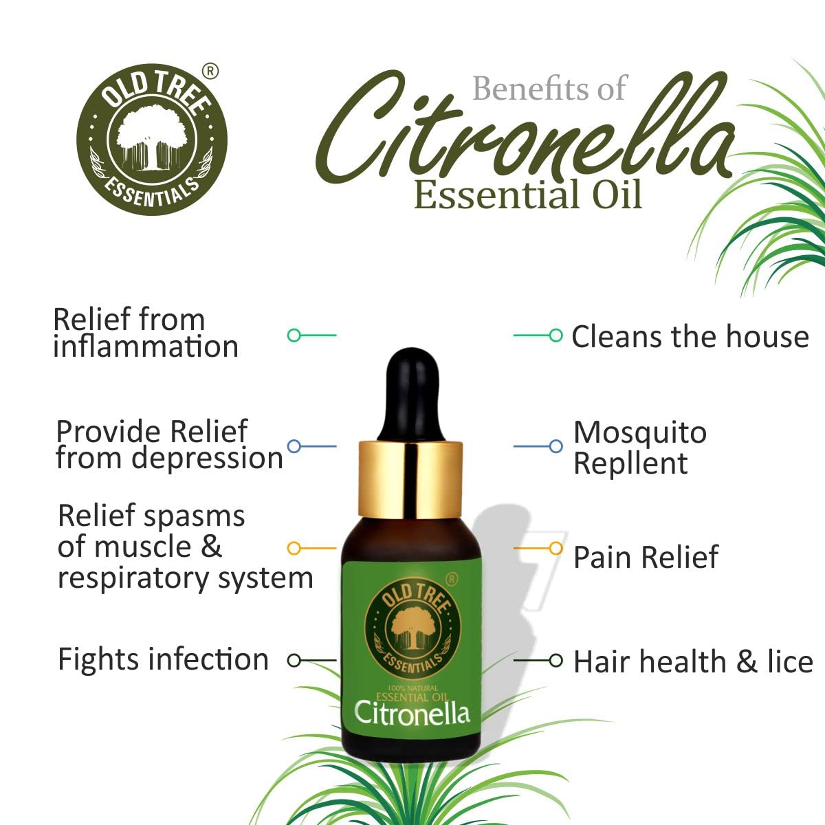 Old Tree Citronella Essential Oil (15ml) - for Skin, Hair Care and Aromatherapy - Pure, Natural and Undiluted Perfume Oil with Glass Dropper for Home Fragrance and Candle Making