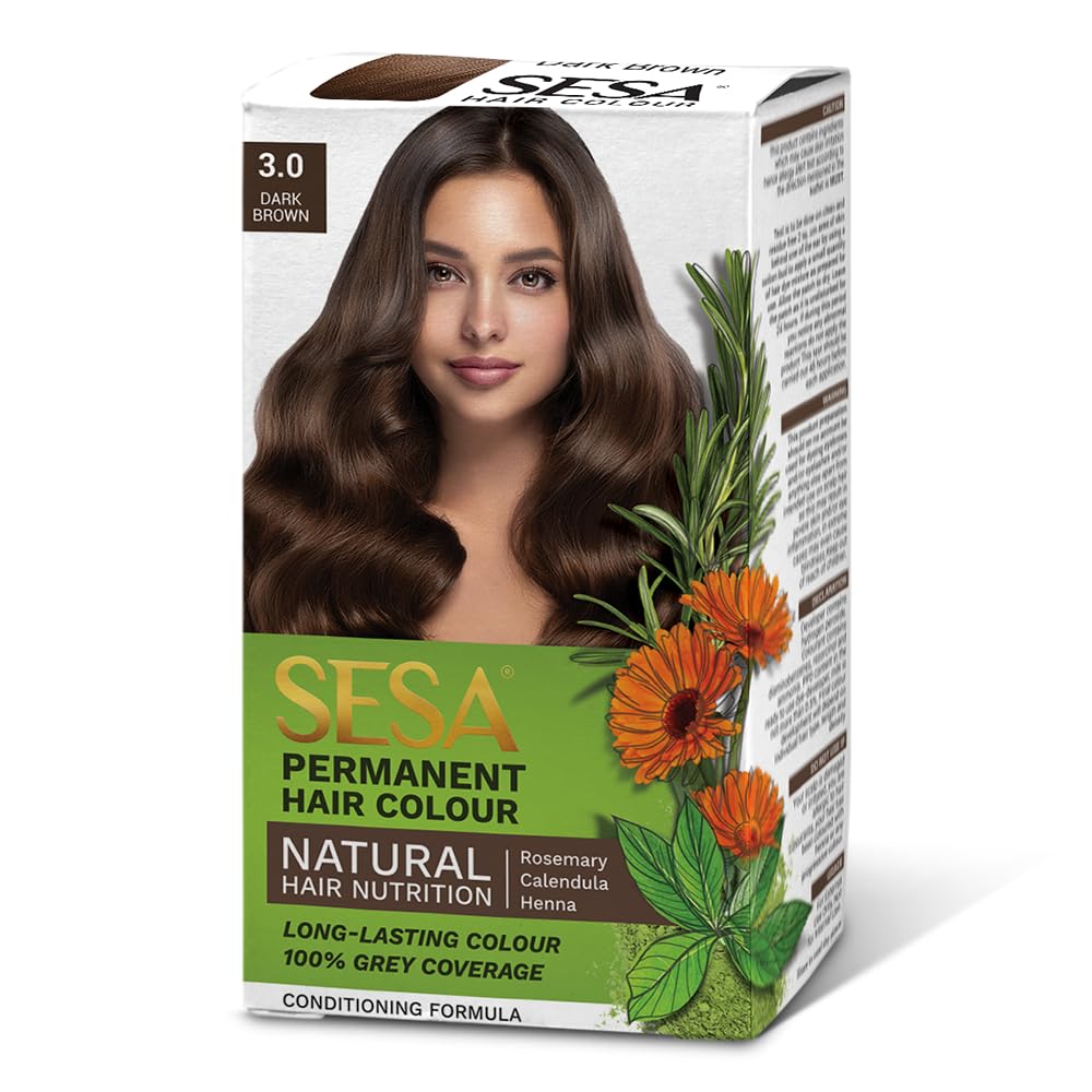 SESA Dark Brown Hair Colour For Women and Men Long Lasting Natural Shiny Smooth Hair with Rosemary, Calendula and Heena, 100% Grey Coverage - Dark Brown