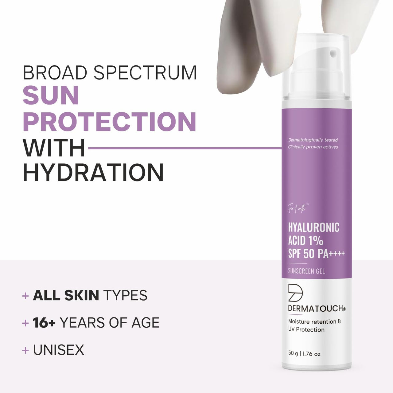 DERMATOUCH HYALURONIC ACID 1% SUNSCREEN | SPF 50 PA++++ | FOR ALL SKIN TYPES | NO WHITE CAST | 50G