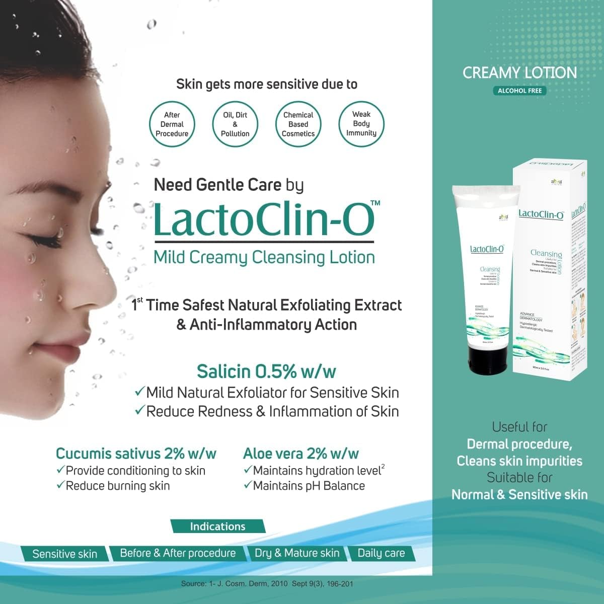 Vegetal LactoClin-O Cleansing Lotion, Hypoallergenic Face Wash for Normal & Sensitive Skin, 90 ml Pack of 2