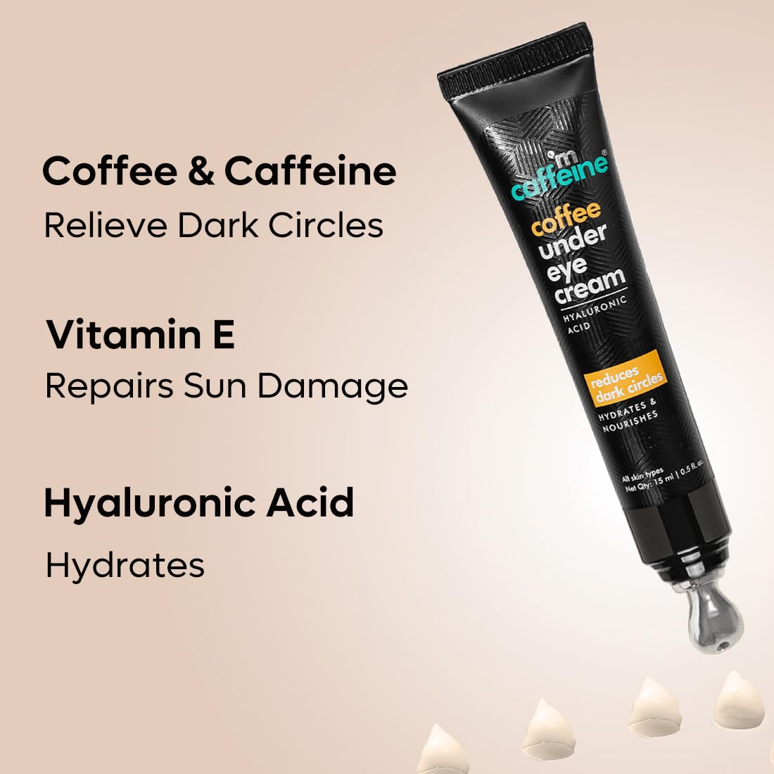 mcaffeine Coffee Under Eye Cream Gel for Dark Circles, Puffiness & Fine Lines | 94% Users Saw Reduced Dark Circles | with Built-In Cooling Massage Applicator | Vitamin E for Puffiness - 15 Gm