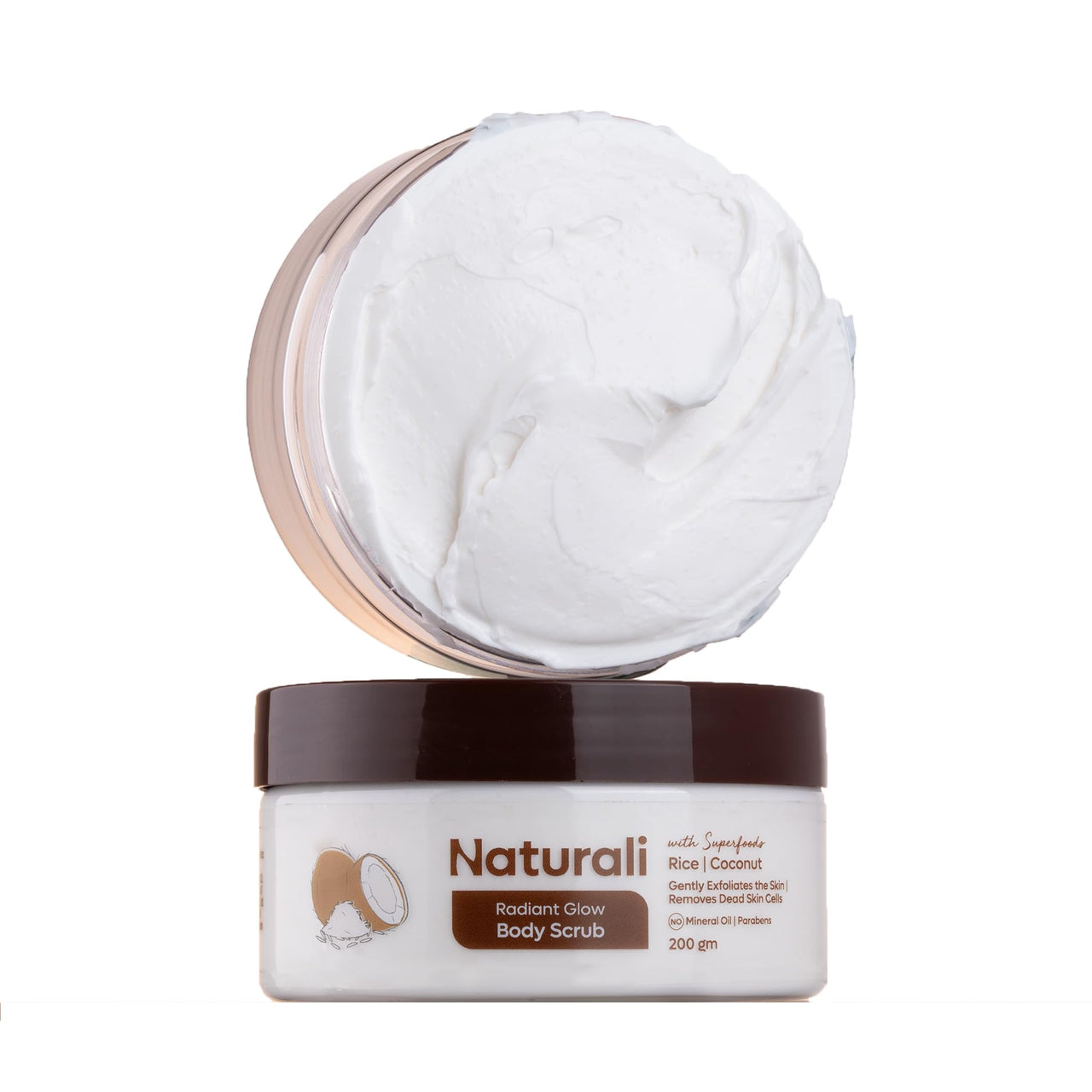 Naturali Radiant Glow Body Scrub With Rice & Coconut | Improves Skin Texture | Smoothens & Softens Skin | Paraben & Mineral Oil Free | 200g