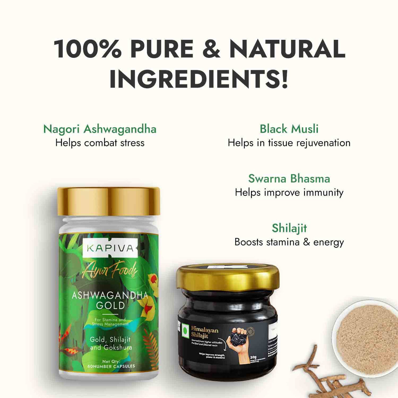 Kapiva Himalayan Shilajit + Ashwagandha Gold|Boost Stamina&De-Stress|Natural&Ayurvedic,Tablet