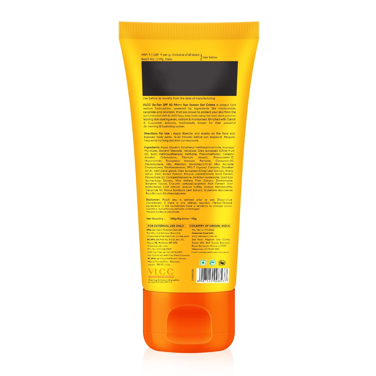 VLCC De-Tan SPF 50 PA+++ Sunscreen Gel Crème - 100g + 10g | With Cucumber, Carrot, and Saxifraga Extracts | Enhances Glow, Protects from UVA, UVB Rays, and Help Reduce Dark Patches.