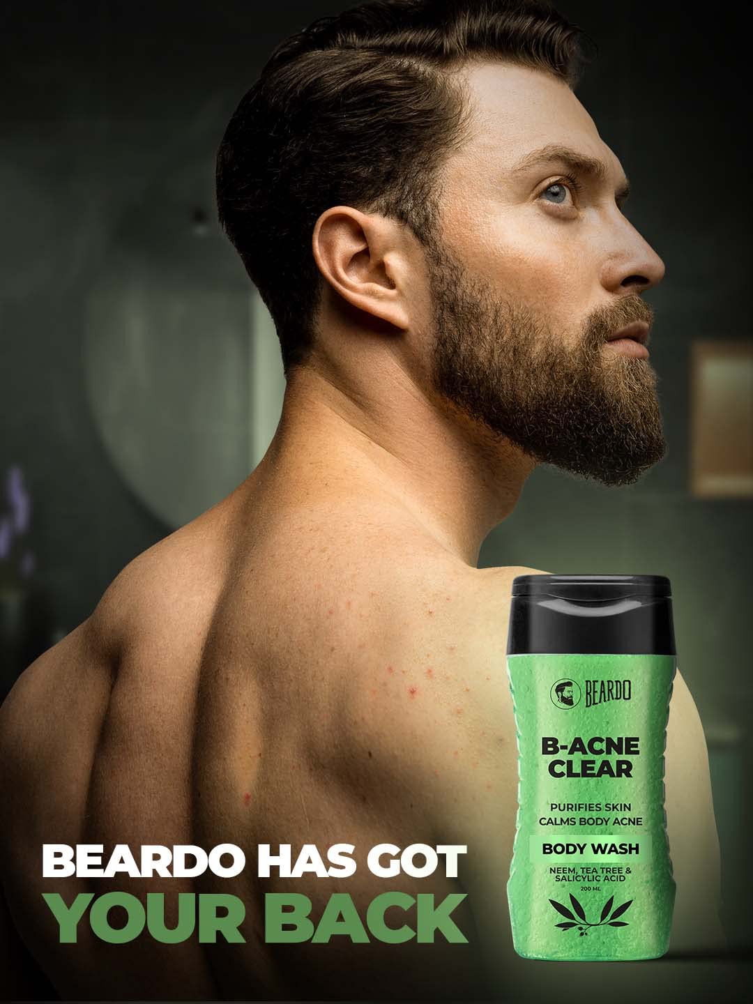 Beardo Body Acne Clear Body Wash for Men 200 ml | With Neem, Tea Tree and Salicylic Acid | Clean Clear Skin | For Body Acne and Skin Purification | B-acne