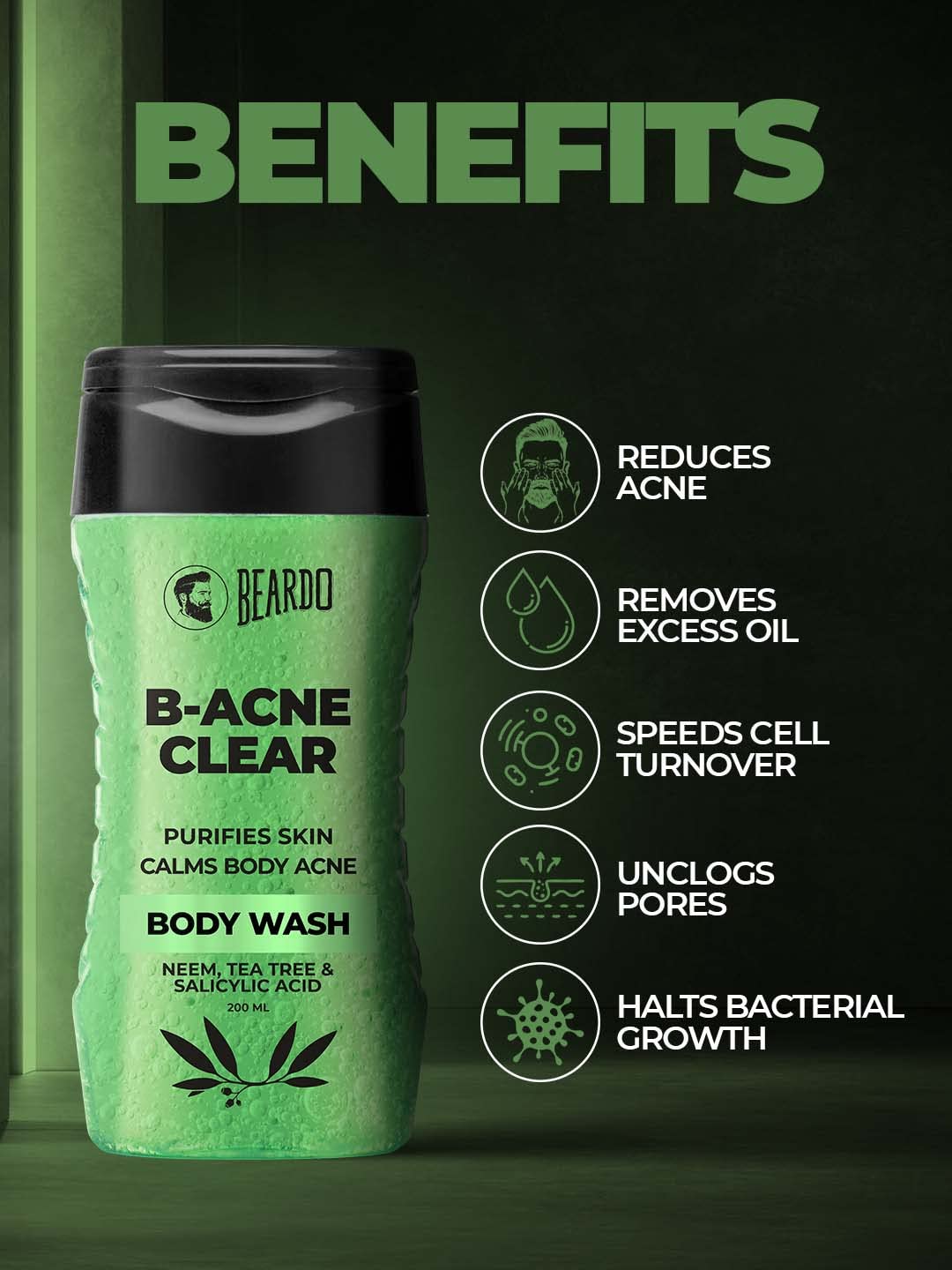 Beardo Body Acne Clear Body Wash for Men 200 ml | With Neem, Tea Tree and Salicylic Acid | Clean Clear Skin | For Body Acne and Skin Purification | B-acne