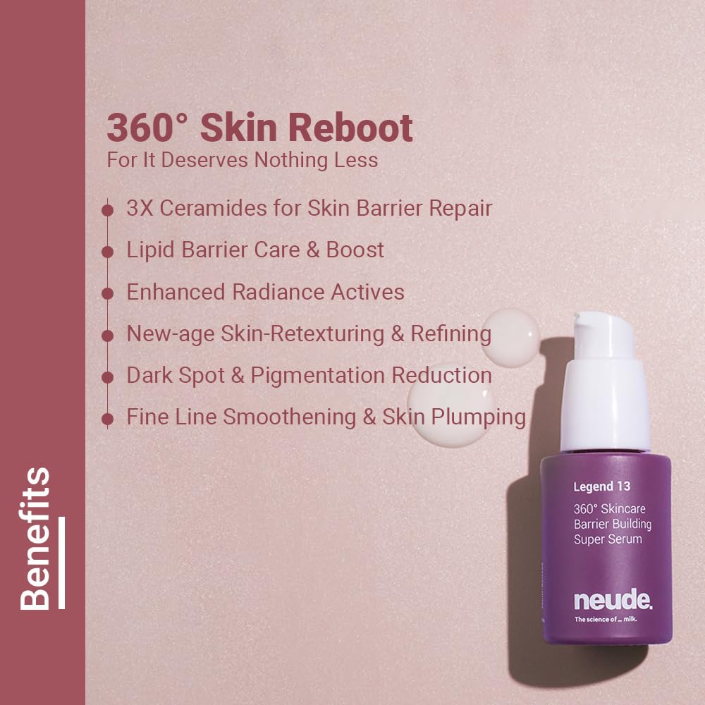 Neude Legend 13 Super Face Serum 30ml with 3x Ceramides, Lactobacillus Ferment, Alpha Arbutin, Rice Water, 13 Multiactives for Barrier Building Re-texturing & Hydration, pH 5.5, for All Skin Types