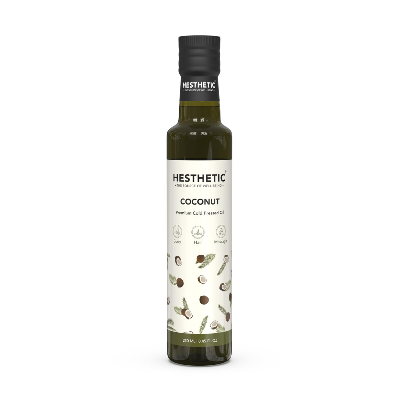 HESTHETIC - Virgin Cold Pressed Coconut Oil | 250ml | 100% Pure & Natural | Oil for Hair, Skin, Massage, Oil Pulling & More | Glass Bottle