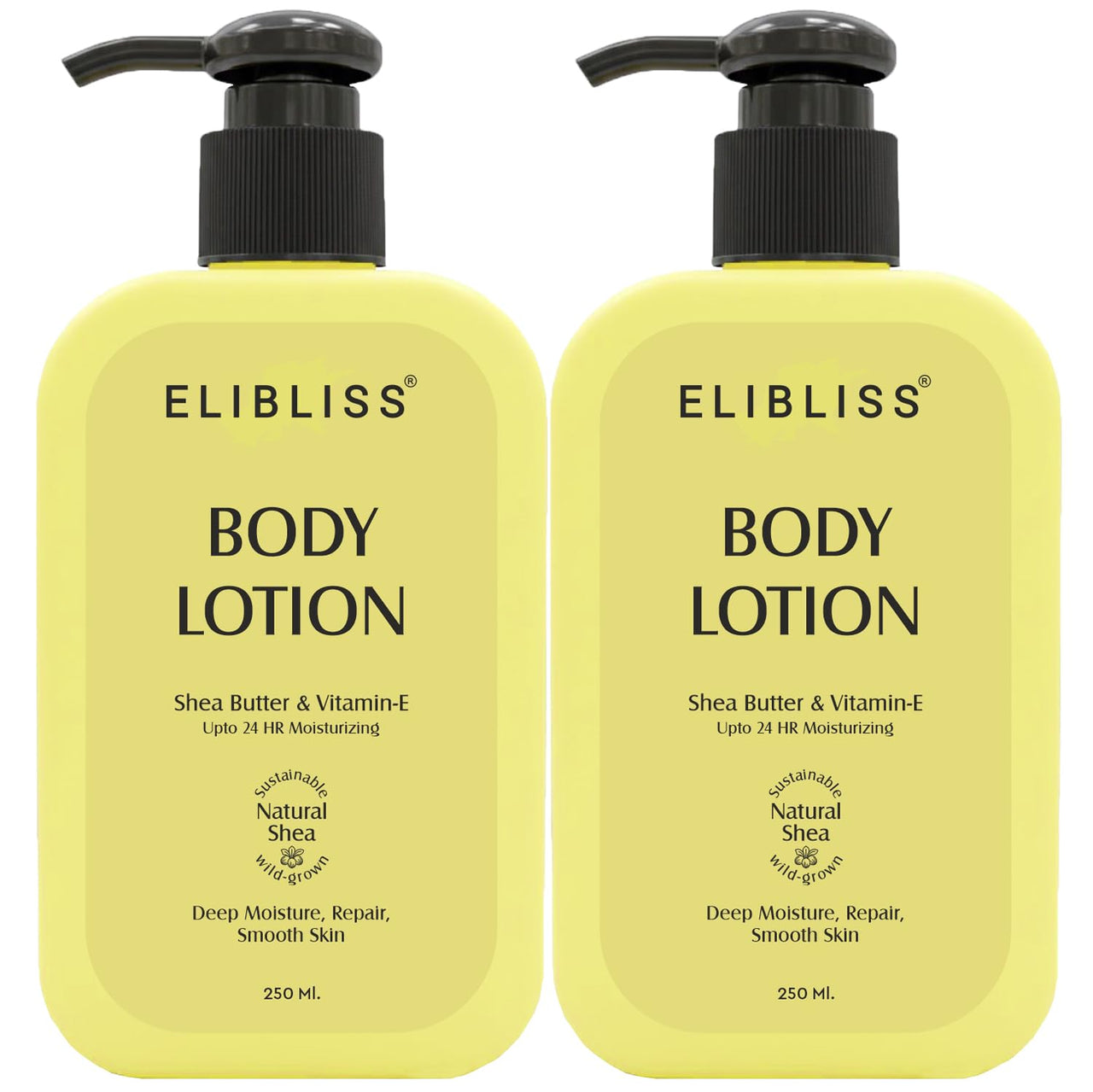 Elibliss 24 Hour Moisturizing Body Lotion | Enriched with Shea Butter & Vitamin E for Skin Barrier Repair, Dry Skin Relief, Soft Smooth Glowing Skin, Non Sticky Everyday Use Lotion 250ml x 2
