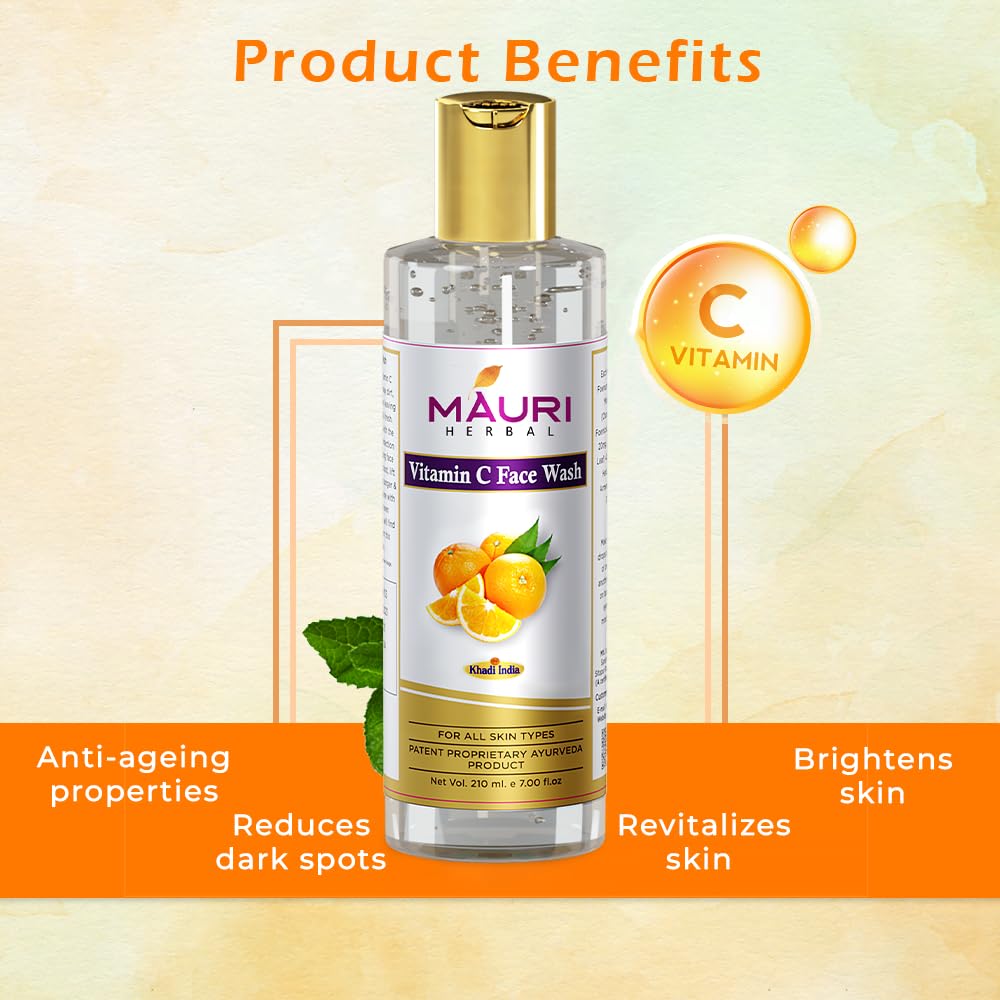 Khadi Mauri Herbal Vitamin C Face Wash With Powerful Cleanser, Brightens Complexion, Boosts Skin Tone, 210 Ml