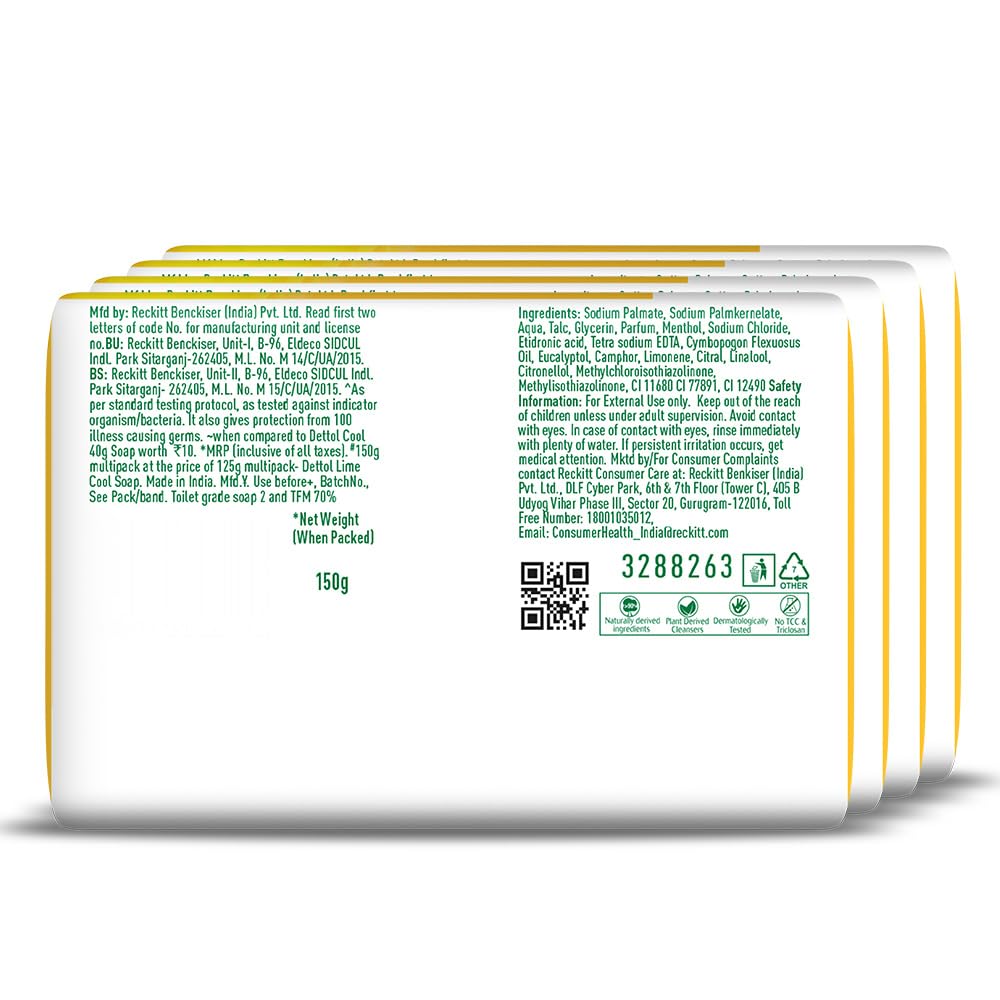 Dettol Lime Cool Bathing Soap Bar with 2x Menthol (600g)- Pack of 4