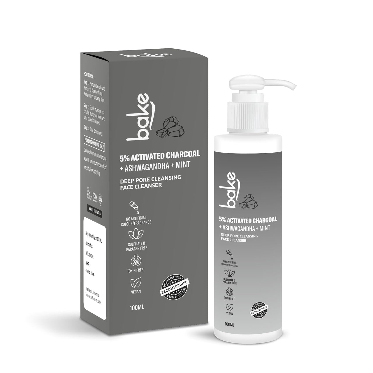 BAKE 5% Activated Charcoal Face Wash with Mint & Ashwagandha | Deep Pore Cleansing Face Cleanser | For Oily, Combination & Acne Prone Skin | 100ml