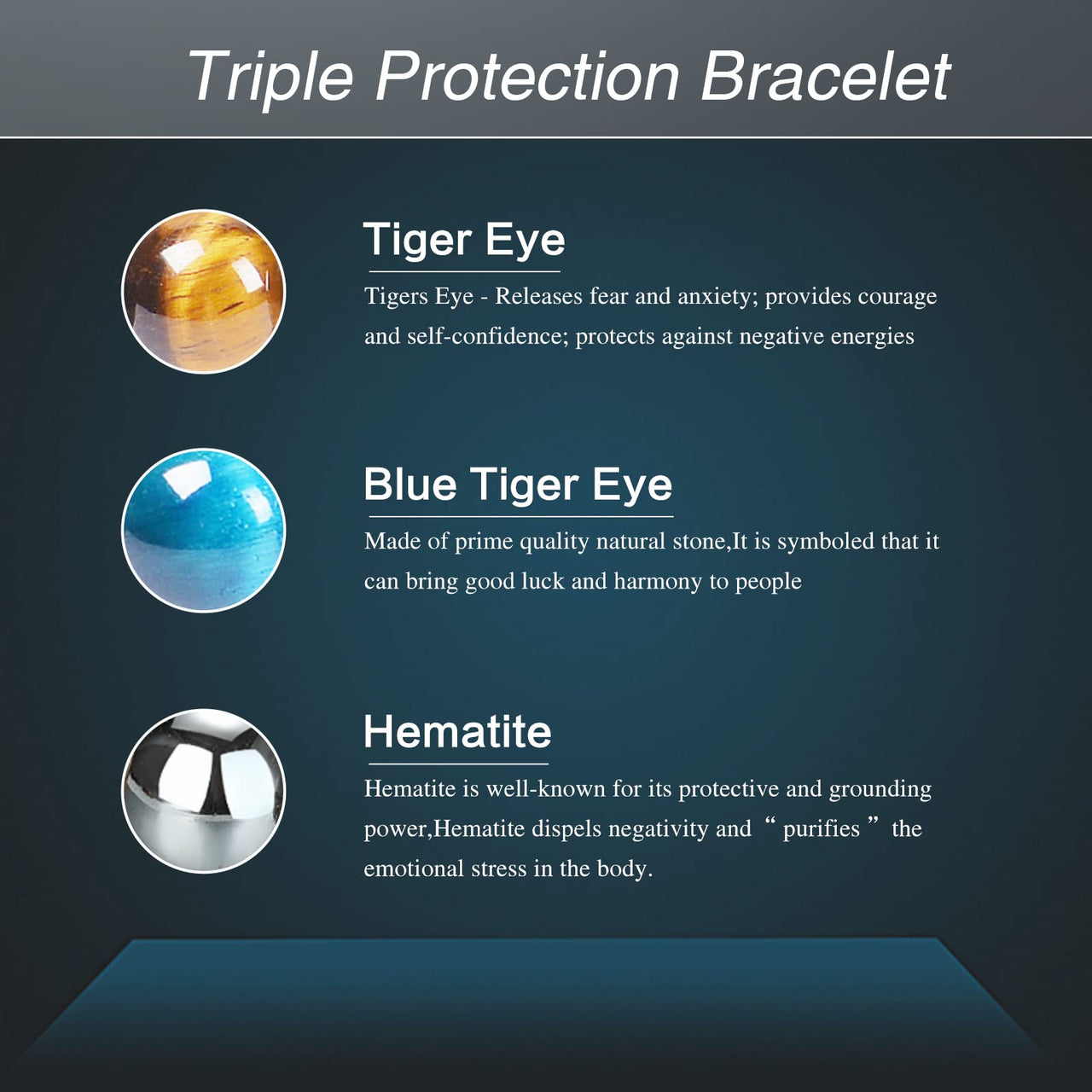 DHQH Triple Protection Bracelet Natural Black Obsidian Tigers Eye Hematite 8-10mm Beads Handmade Bracelet- Healing Crystal Bracelet Bring Luck Prosperity and Happiness A-Blue Triple Bracelet