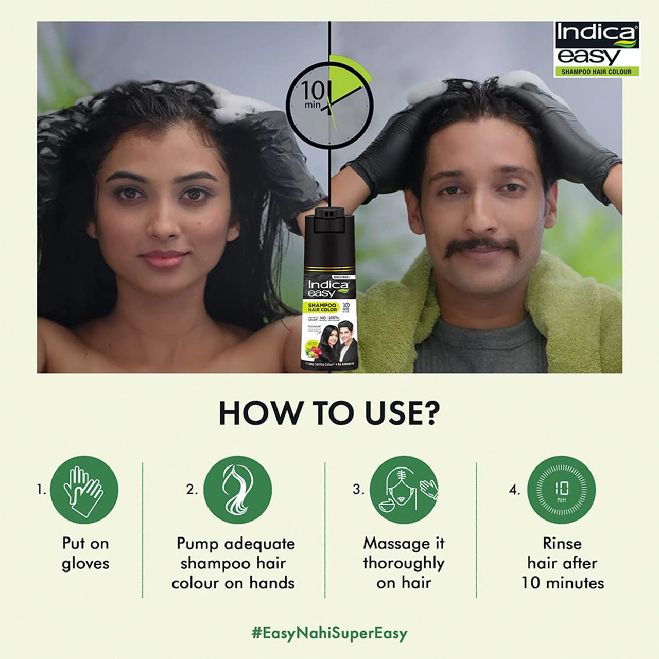 Indica Easy Do-It-Yourself Hair Color Shampoo Pump Pack with 5 Herbal Extracts and 100% Ammonia Free, Long Lasting Formula, 180 ML - Natural Black Colour (Gloves Included)