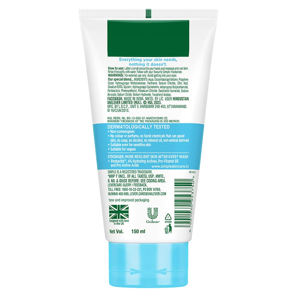 Simple Water Boost Micellar Face Wash 150ml for normal to dry skin | 100% soap-free gentle cleanser for women & men