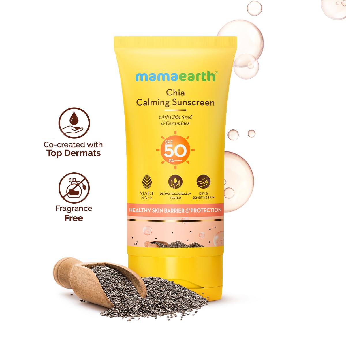 Mamaearth Chia Calming Sunscreen with Chia Seed & Ceramides for Hydrated Glow & Sun Protection - 50 g | SPF 50 PA++++ | Co-Created With Top Dermats | For Dry to Normal, Sensitive Skin | Healthy Skin Barrier