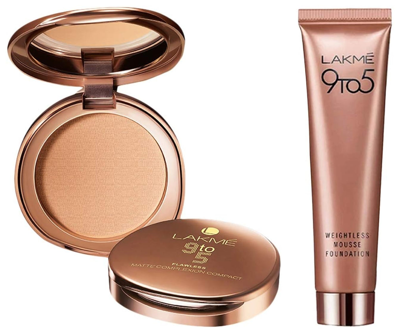 Lakmé Full Coverage 9 to 5 Weightless Mousse Foundation, Rose Ivory, 25g and 9 to 5 Flawless Matte Complexion Compact For All, Melon, 8g