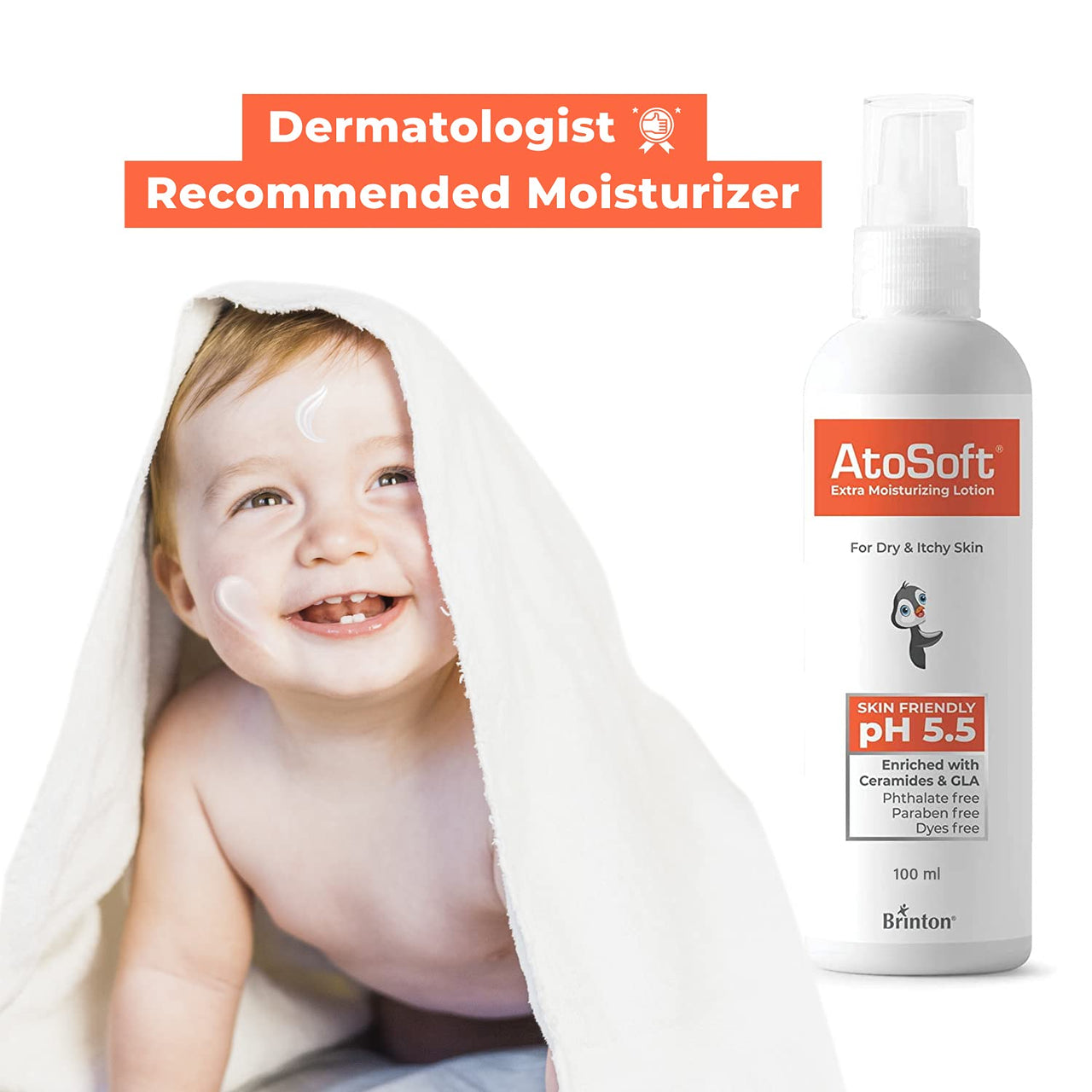 Brinton Atosoft Extra Moisturizing Baby Body Lotion with Pump for Sensitive and Delicate Skin pH 5.5 |For Dry & Itchy Skin| Enriched with Ceramides & GLA | Paraben-Free and Dye Free | - 100 ml