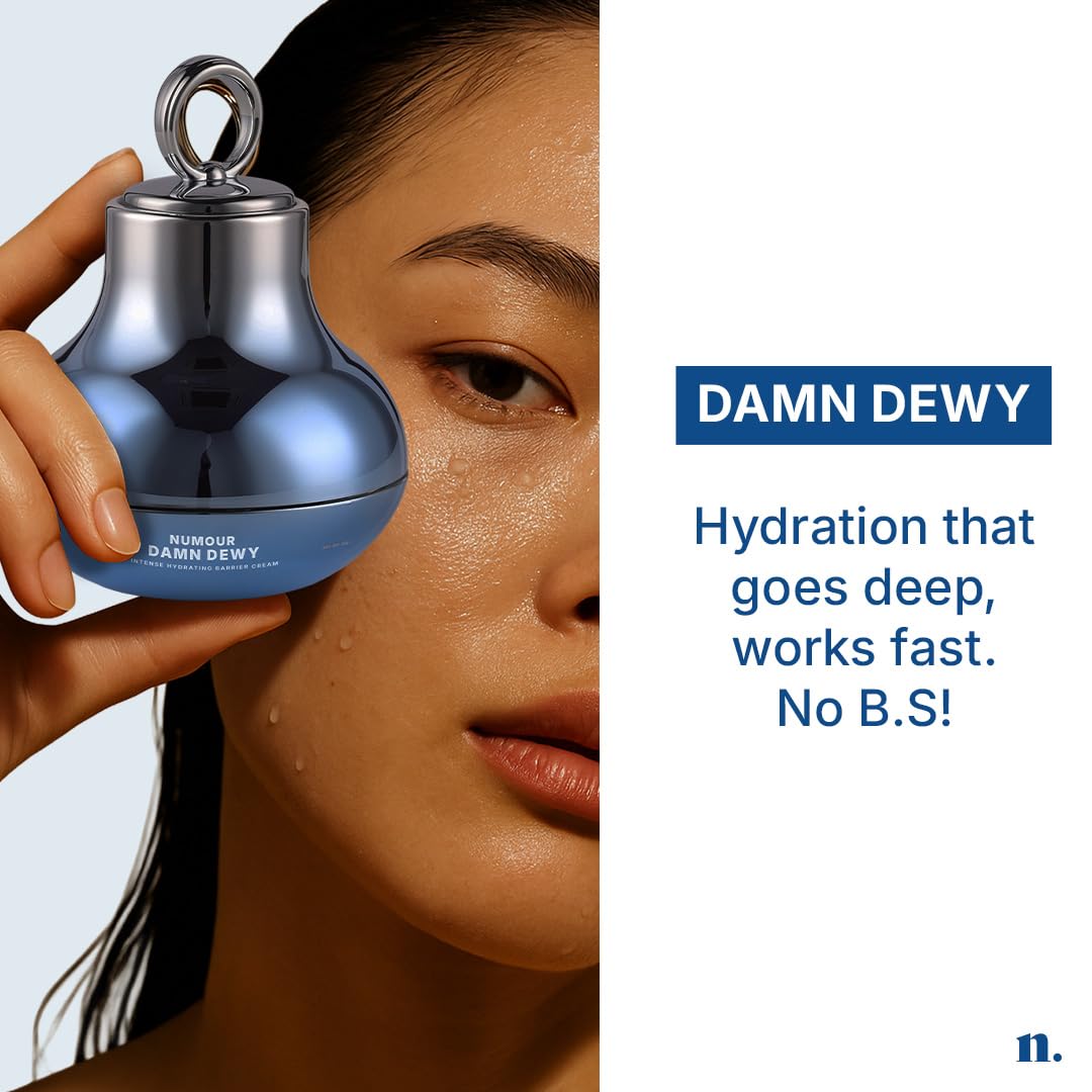 Numour Damn Dewy Face Moisturiser | 7% Hyaluronic Acid | Deep Hydration, Barrier Repair | Blue LED Massager for Enhanced Absorption | 30g | All Skin Types