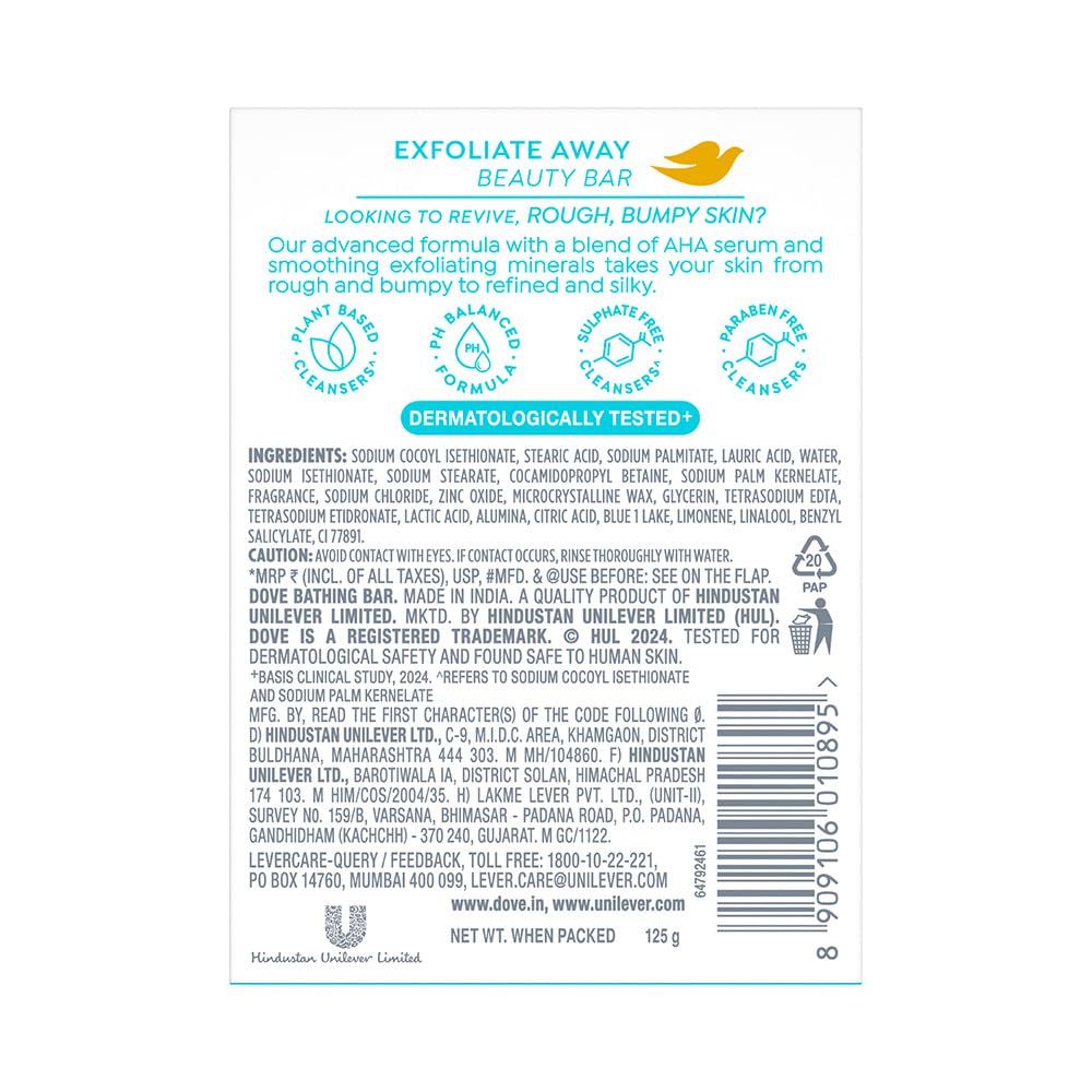 Dove Exfoliate Away Serum Beauty Bar | 4% Refining Serum + AHA | Micro-polishes for silkier skin | Paraben & SLS free | 125g