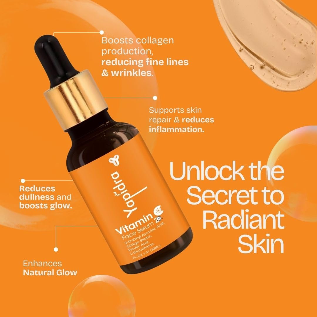 Yapidra Vitamin C 20% Face Serum | Brightening & Hydrating with Ferulic Acid & L-Glutathione | Boosts Radiance, Fights Oxidative Stress, Improves Texture | Lightweight | For All Skin Types | 30ml