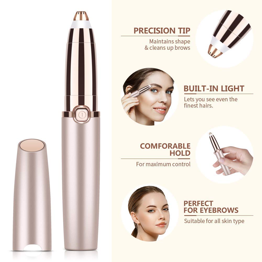 Painless Eyebrow Hair Remover,upper lip hair remover for women hair removal trimmer for women with LED Light for Women - Rose Gold