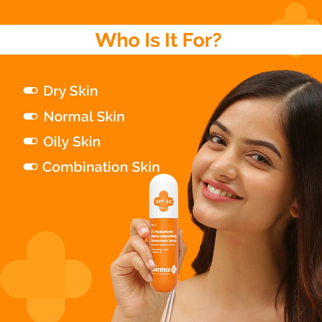 The Derma Co. 1% Hyaluronic Quick-Absorbing Sunscreen Spray |Hyaluronic Acid & Vitamin E | SPF 50 & PA++++ | No White Cast | Hydrating Fluid | Easy Reapplication | Face & Body | All Skin Types-100 ml