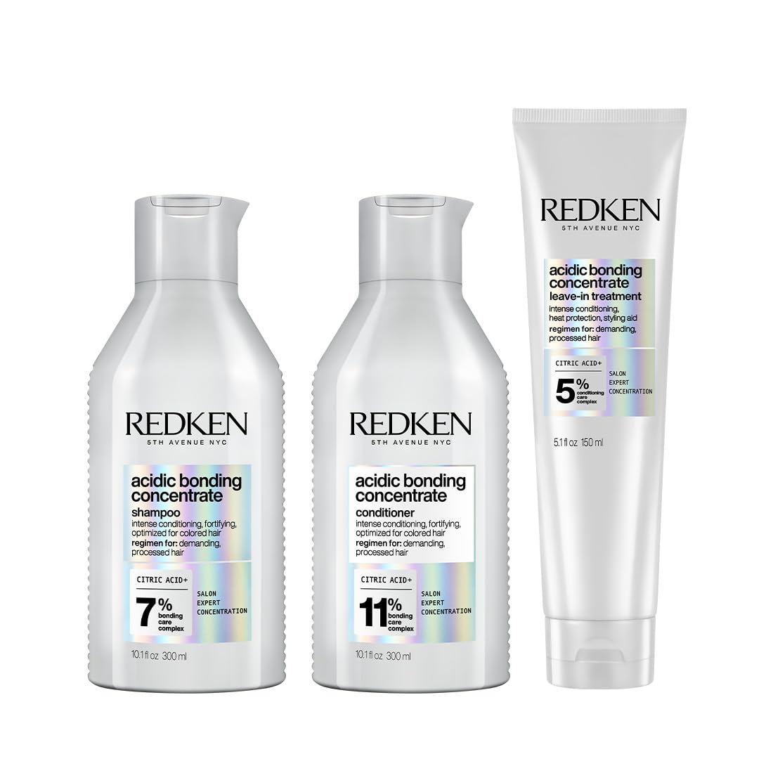 Redken Acidic Bonding Concentrate Sulphate Free Shampoo, Conditioner & Leave-In Treatment Combo | With Citric Acid | Repairs Weak Hair Bonds |For Dry, Damaged, Coloured and Frizzy Hair | For Men & Women