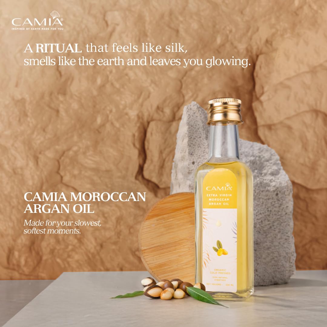 CAMIA - Organic Moroccan Argan Oil for Skin & Hair | Premium Extra Virgin Cold Pressed Oil, 100% Natural | Argan Oil Improves Skin & Hair Elasticity & Provides Intense Hydration | 100 ML Glass Bottle