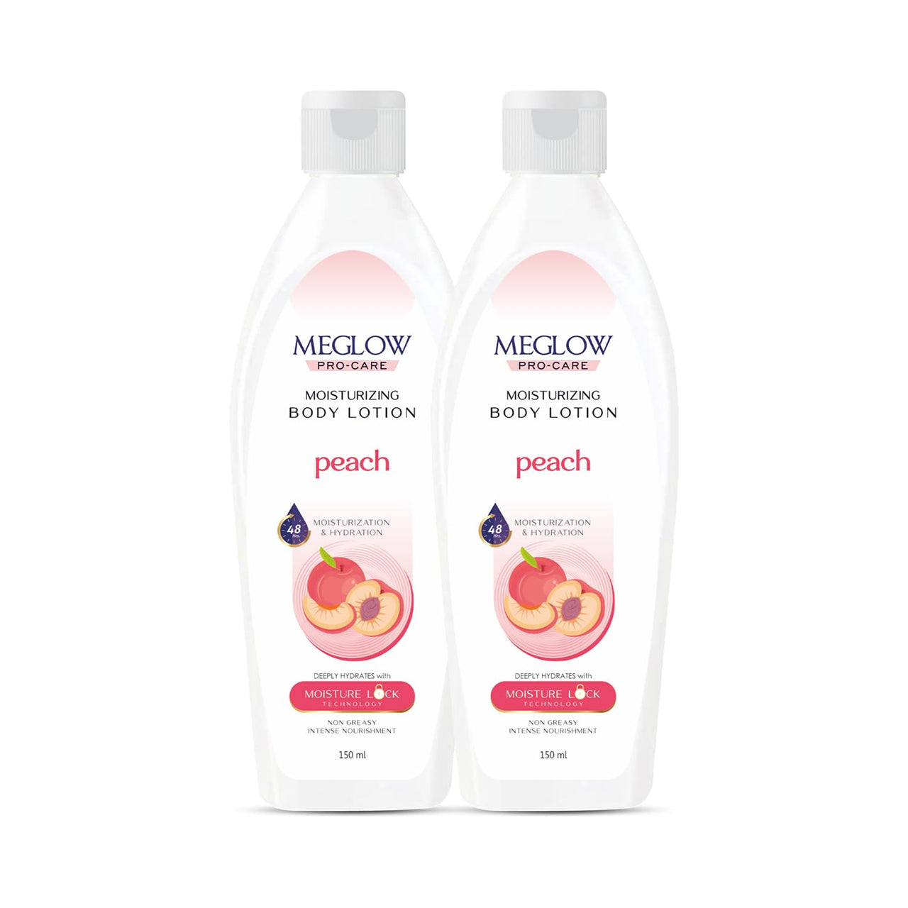 Meglow Pro-Care Moisturizer Body Lotion for Women/Men (150ml - Pack of 2)–Enriched with Peach|Body Lotion For Dry Skin|Deeply Hydrates with 48hrs Moisture Lock Technology