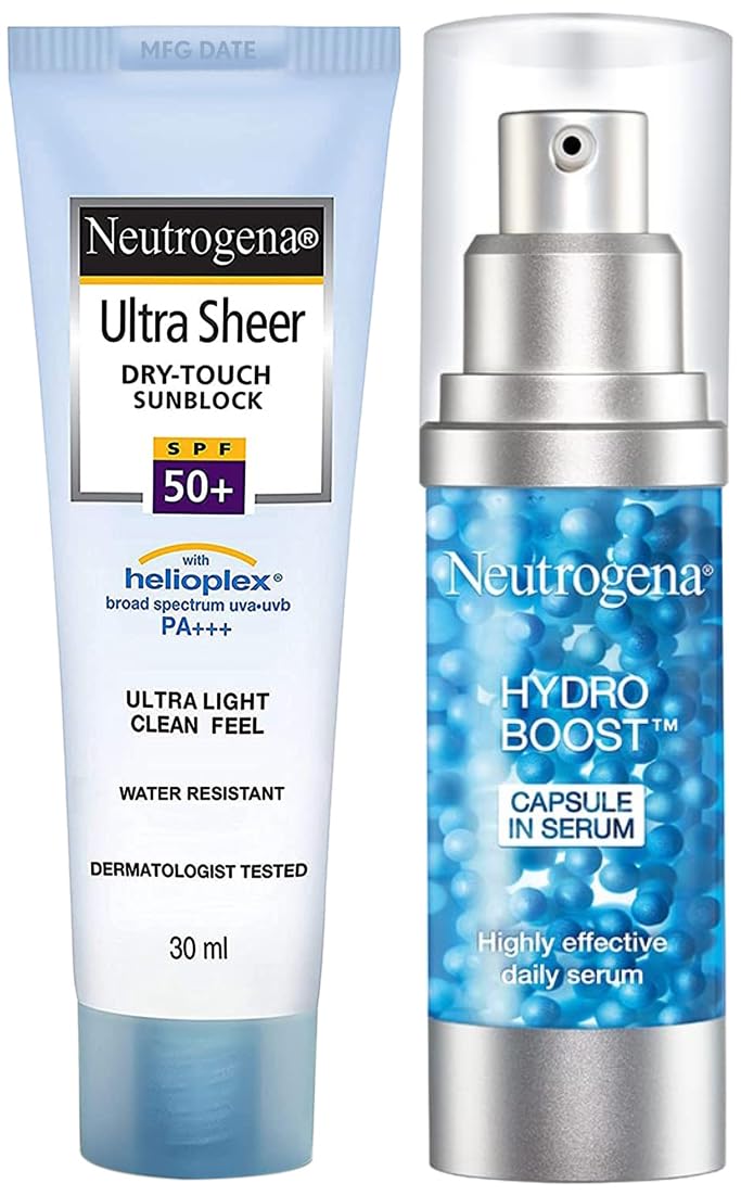 Neutrogena Ultra Sheer Dry Touch Sunblock Spf 50+ Sunscreen For Women And Men, 30Ml And Neutrogena Hydro Boost Capsule In Serum, Transparent, 30 Ml
