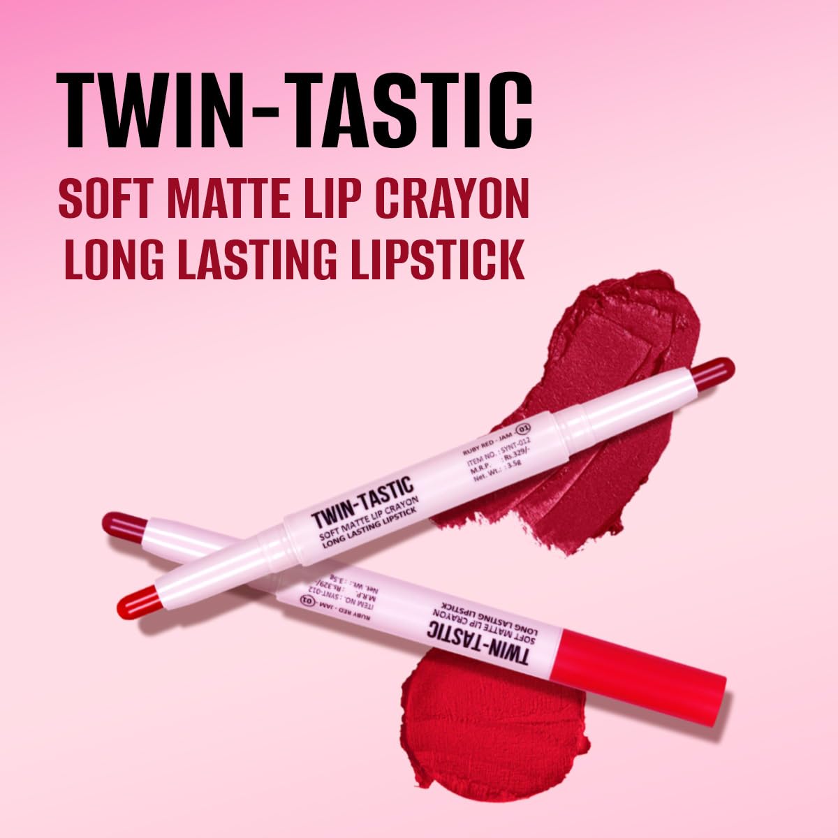 Shryoan 2-in-1 Twin-Tastic Lipstick | Soft Lip| Matte| Crayon | Long Lasting, Waterproof |Highly Pigmented Lipstick | Pack of 1 (Ruby Red)