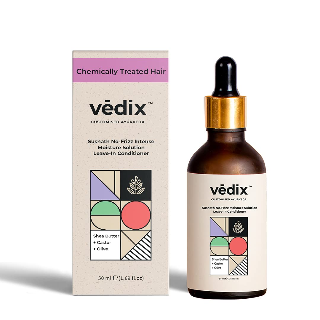 Vedix Sushath No-Frizz Intense Moisture Solution Leave In Conditioner for Chemically Treated & Coloured Hair, Customized Ayurvedic Hair Serum With Castor + Shea Butter + Olive - 50ml