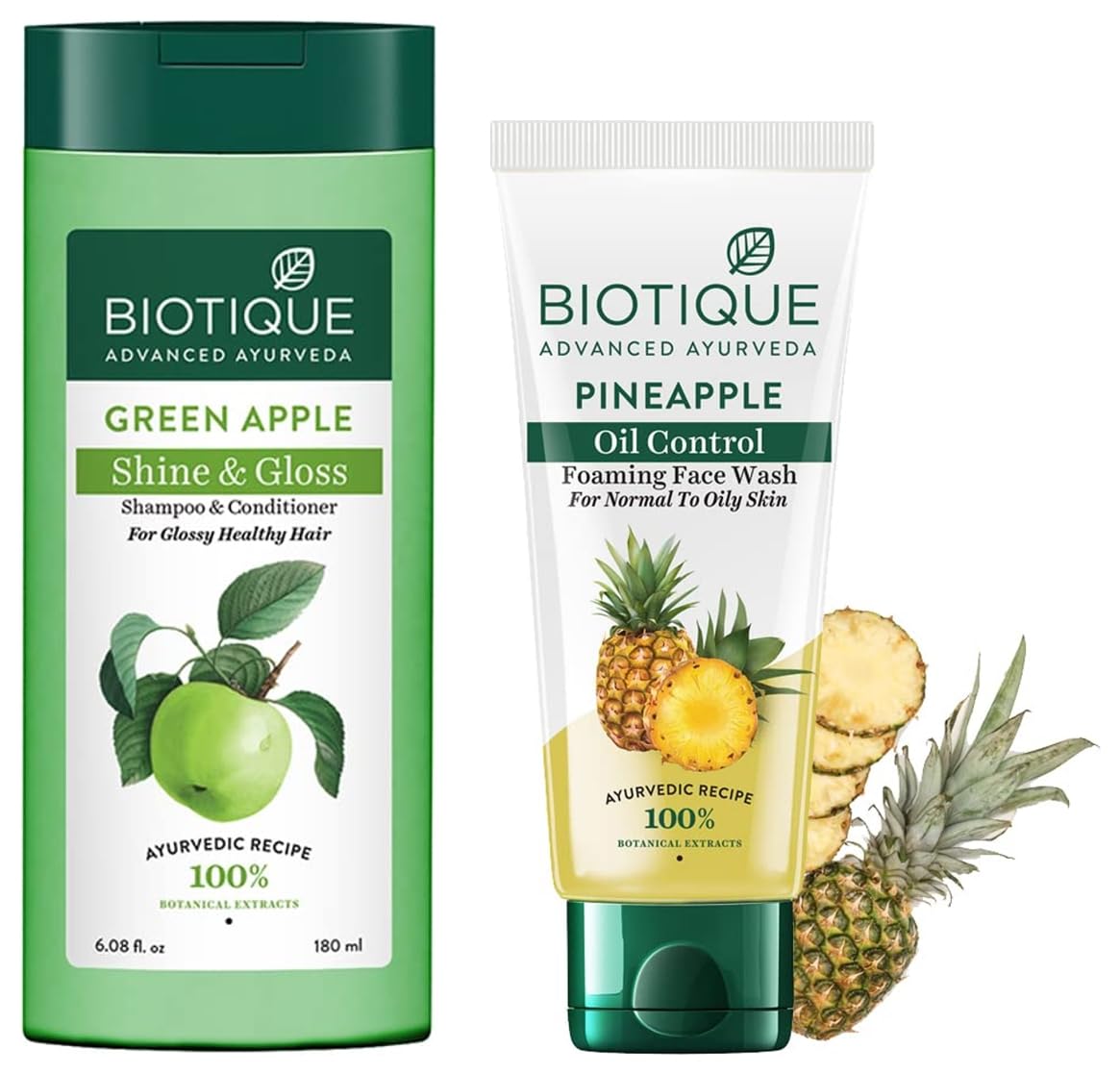 Biotique Bio Green Apple Fresh Daily Purifying Shampoo and Conditioner for Oily Scalp and Hair, 180m And Biotique Bio Pineapple Oil Control Foaming Face Wash, 150ml