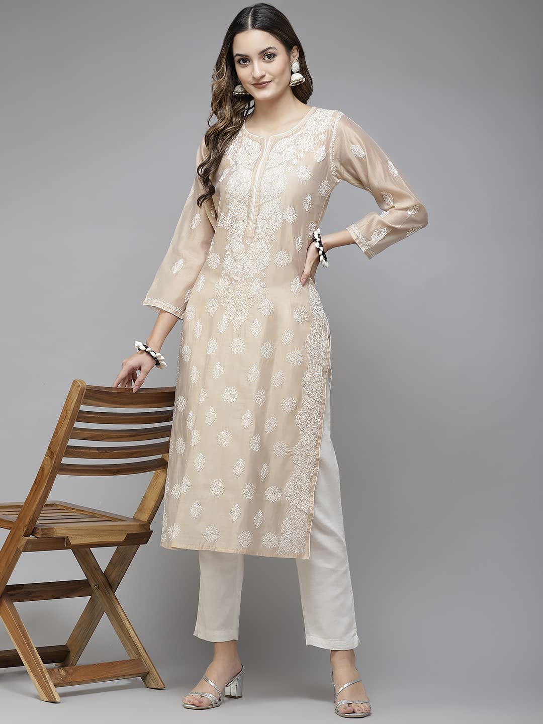Ada Hand Embroidered New Lucknowi Chikankari Chanderi Kurta Kurti for Women A411175