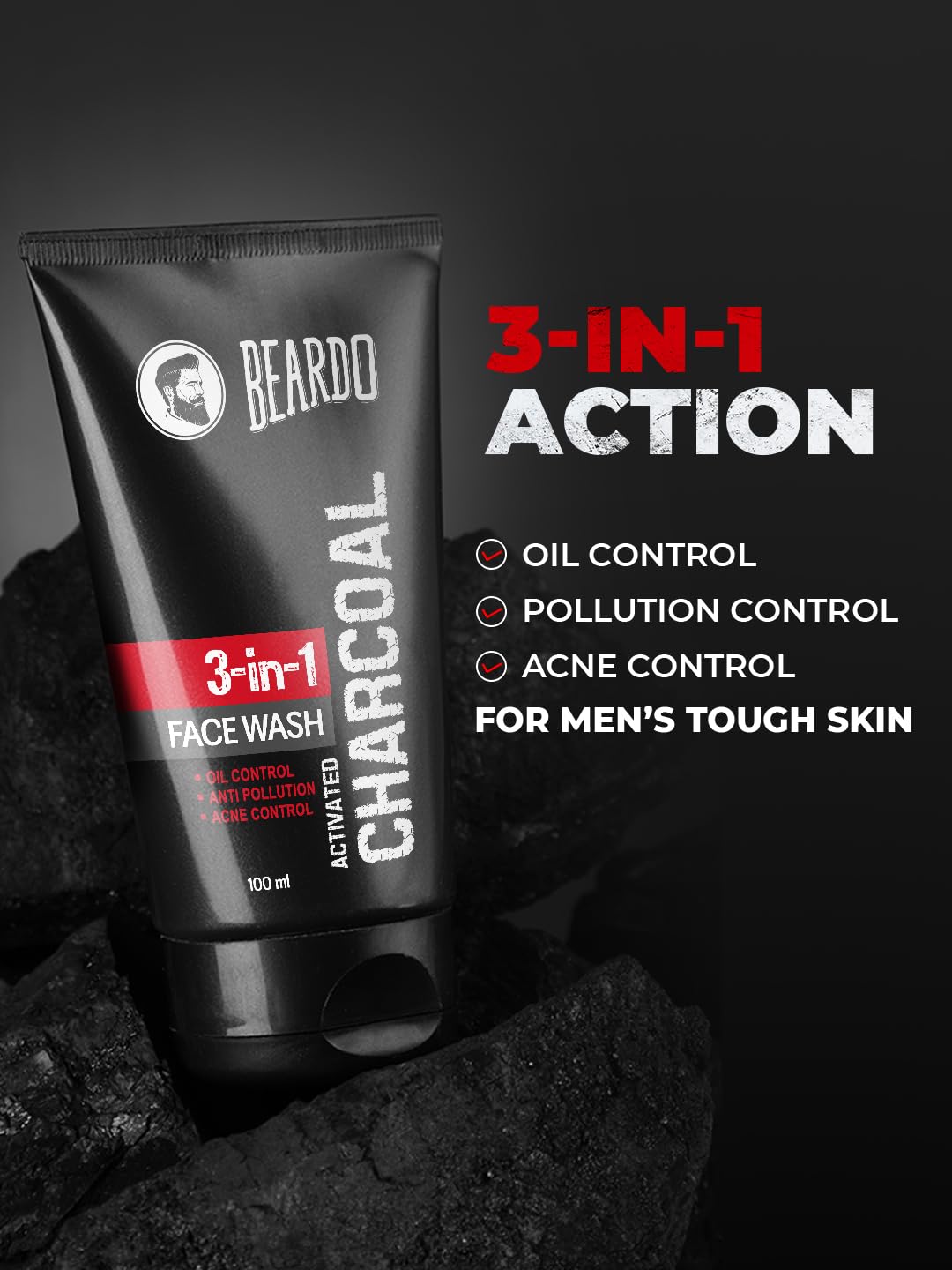 Beardo 3-in-1 Activated Charcoal Face Wash| Deep Cleanse, Exfoliate & Detoxify | All-in-One Face Wash for Oily Skin, Dirt & Pollution Removal | Oil Control Face wash for men 100ml