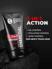 Beardo 3-in-1 Activated Charcoal Face Wash| Deep Cleanse, Exfoliate & Detoxify | All-in-One Face Wash for Oily Skin, Dirt & Pollution Removal | Oil Control Face wash for men 100ml