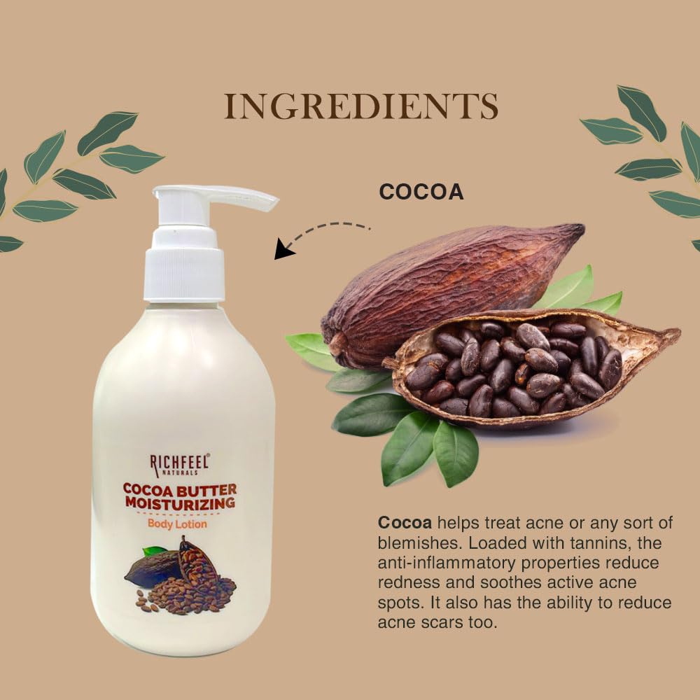 Richfeel Cocoa Butter Moisturizing Body Lotion | 48hr nourishing lotion with 100% Cocoa And Shea Butter| Restores Glow | 200 ml