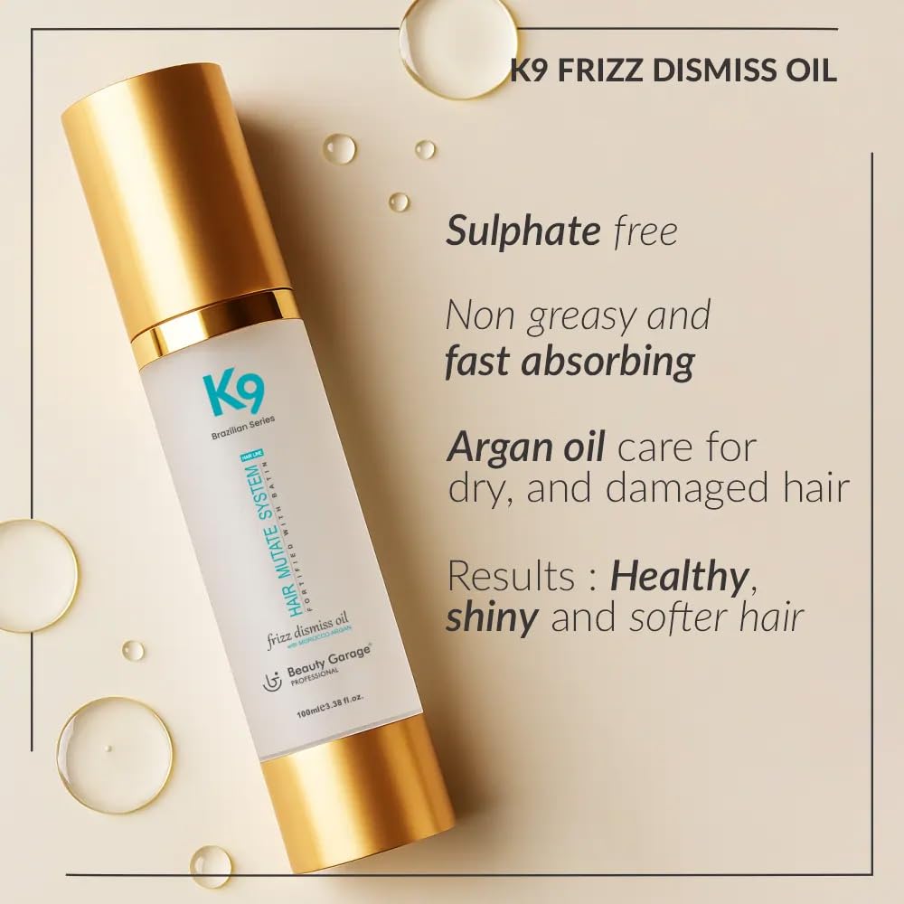 Beauty Garage K9 Frizz Dismiss Hair Oil, 100 ml Anti Dandruff Hair Oil with Morocco Argan & Camellia for Smooth and Manageable Hair, Unscented, Daily Hair Care