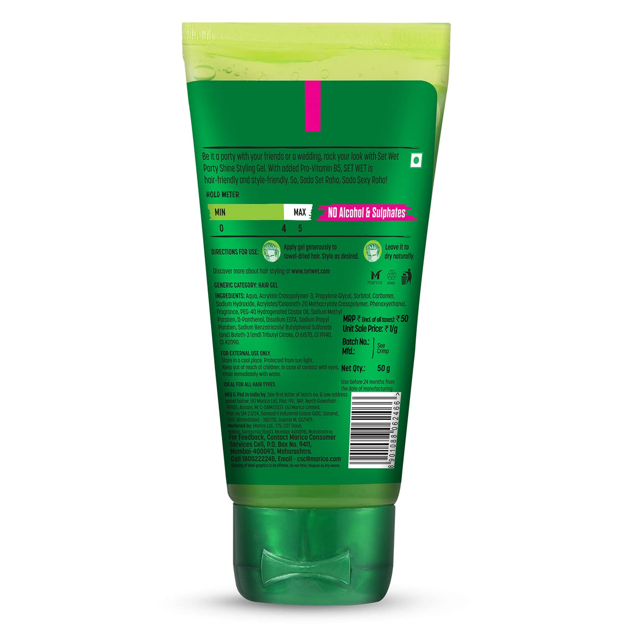 Set Wet Styling Hair Gel for Men - Party Shine, 50gm | Strong Hold, High Shine |For Short to Medium Hair| No Alcohol, No Sulphate