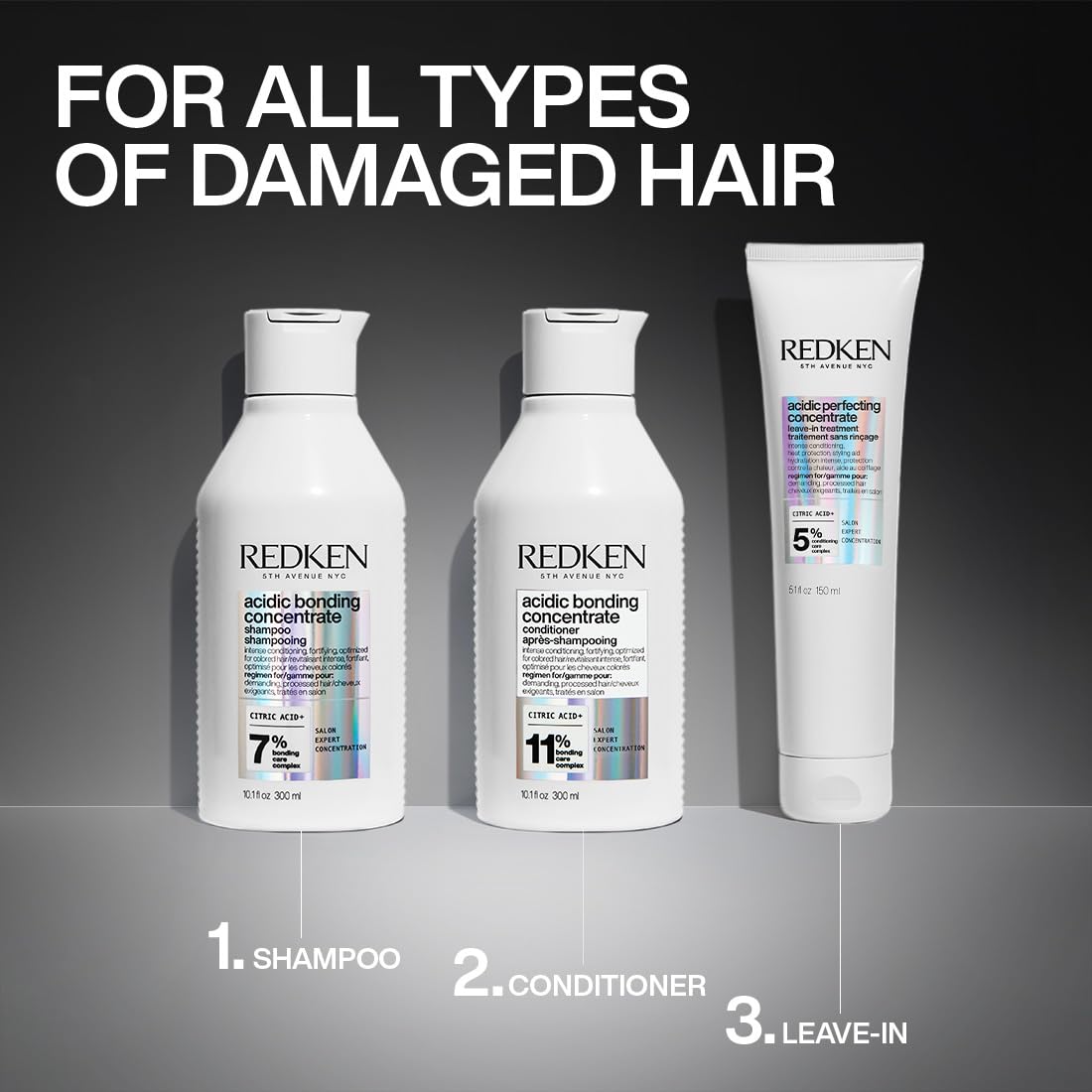 Redken Acidic Bonding Concentrate Sulphate Free Shampoo, Conditioner & Leave-In Treatment Combo | With Citric Acid | Repairs Weak Hair Bonds |For Dry, Damaged, Coloured and Frizzy Hair | For Men & Women