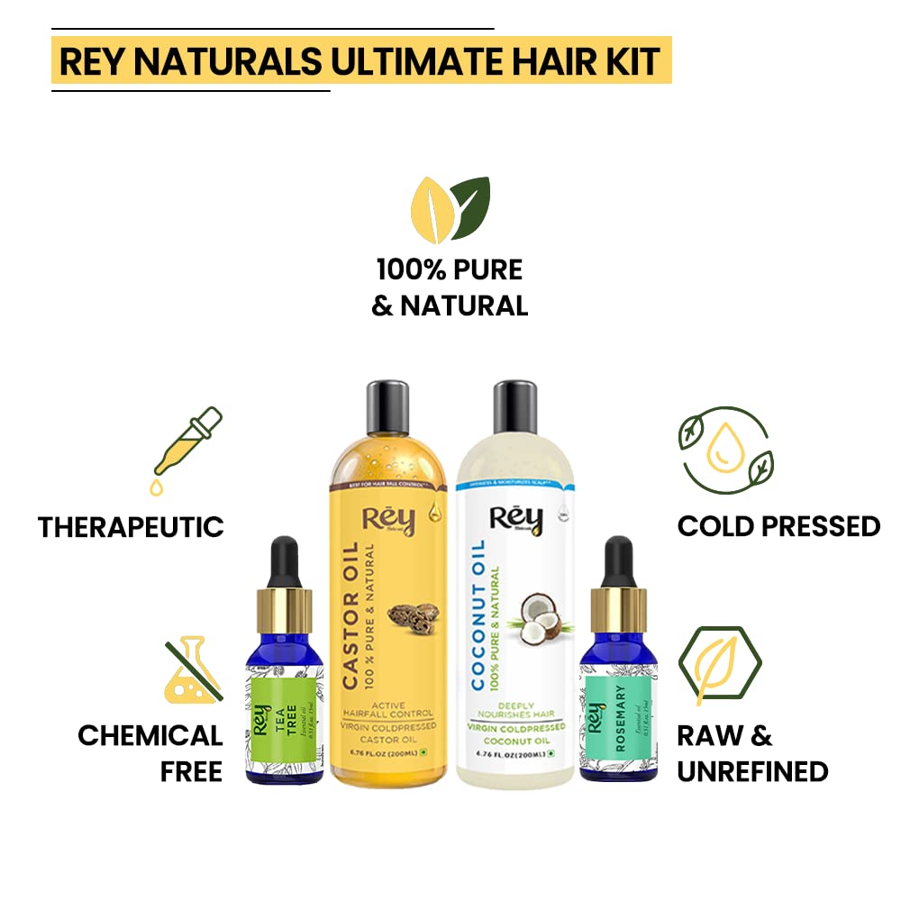 Rey Naturals hair oils combo/hair care kit (Castor oil + Coconut oil + Tea tree oil + Rosemary oil) controls hairfall - For healthy hair - No Mineral Oil, Silicones & Synthetic Fragrance
