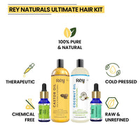 Rey Naturals hair oils combo/hair care kit (Castor oil + Coconut oil + Tea tree oil + Rosemary oil) controls hairfall - For healthy hair - No Mineral Oil, Silicones & Synthetic Fragrance
