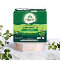 A TATA Product - Organic India Tulsi Green Tea Classic - 50 Tea Bags, Stress Relieving, Uplifts Mood, Rich in Antioxidants, Blend of Rama, Krishna & Vana Tulsi, Certified Organic