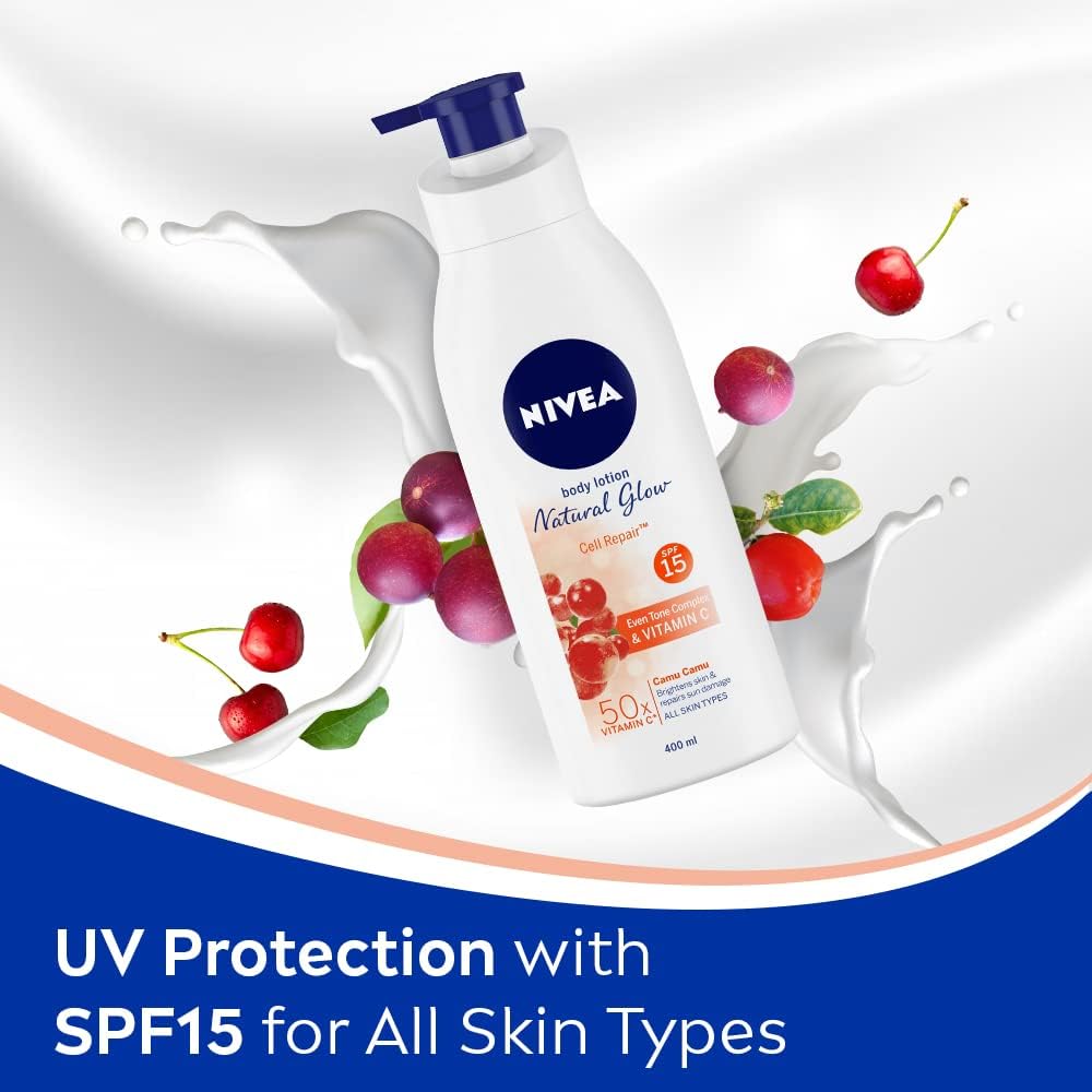 NIVEA Natural Glow Even Tone 400ml Body Lotion | 40 X Vitamin C & UV Protect for Summer Protection and Hydration |With Camu Camu & Acerola Cherry Extracts | For All Skin Types