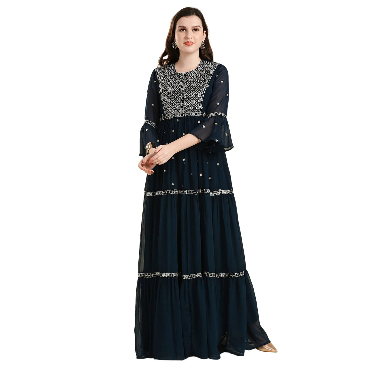 madhuram Women and Girls Fox Georgette Boat Neck with 3/4 Sleeve and Sequence Embroidery Lace Work Anarkali Gown