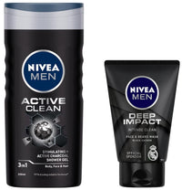 NIVEA Men Shower Gel, Active Clean Body Wash, Men, 250ml And NIVEA Men Face Wash, Deep Impact Intense Clean, 100g