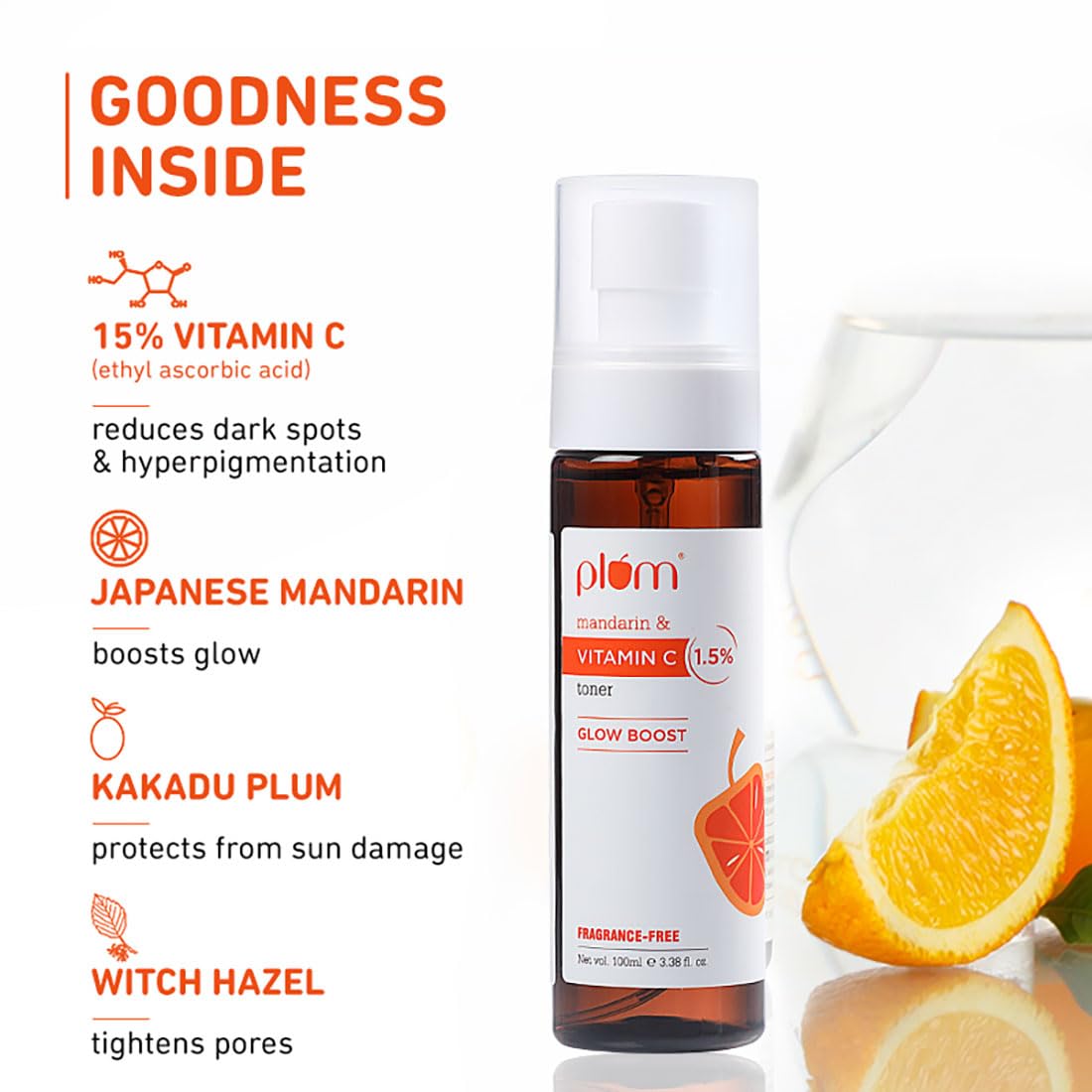 Plum Vitamin C Face Toner for Glowing Skin & Reduce Pigmentation | for Women & Men | with Mandarin & Kakadu | Alcohol Free | for Oily, Combination, Acne Prone, Dry, Normal, Sensitive Skin | 100ml